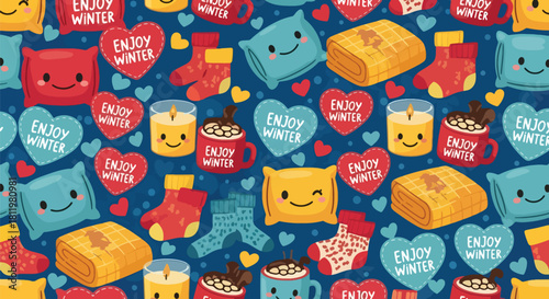 Kawaii pillows, blankets, socks, candles, and cocoa mugs arranged with “Enjoy Winter” icons. Ideal for cozy winter décor, packaging, textile patterns, and cute seasonal art