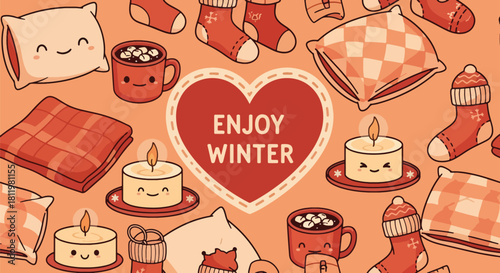 Kawaii pillows, blankets, socks, candles, and cocoa mugs arranged with “Enjoy Winter” icons. Ideal for cozy winter décor, packaging, textile patterns, and cute seasonal art