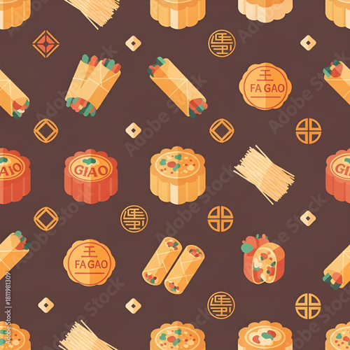 Seamless pattern with mooncakes spring rolls and chinese new year symbols