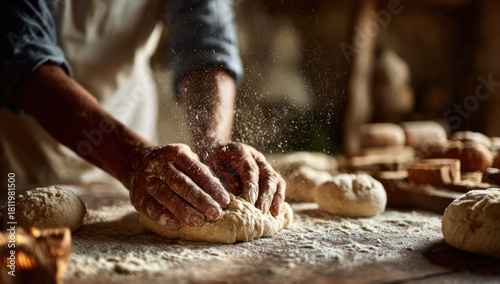 A baker is seen kneading dough on a floured wooden surface, preparing fresh bread in a warm, rustic kitchen, showcasing the traditional art of baking and the simple ingredients used to create.