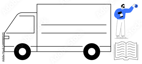 Delivery truck beside a person holding a globe and book, representing global knowledge and logistics. Ideal for education, delivery, global commerce, knowledge-sharing, business strategy