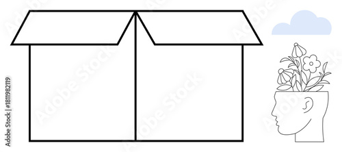 Open box representing new perspectives alongside a human head with flowers, symbolizing creativity, innovation, brainstorming, imagination, personal growth, problem solving. Minimalist flat metaphor