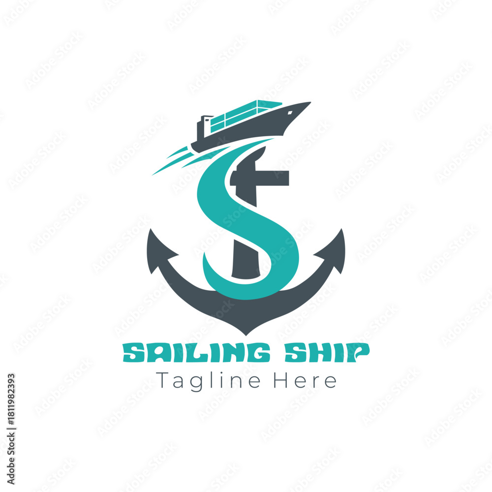 Obraz premium Sailing Ship with Anchor and Wave Letter S Logo Concept