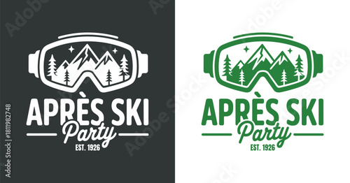 Aprés ski party with goggles and mountain landscape