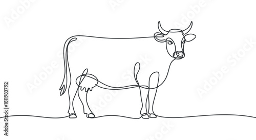Continuous Line Drawing of Standing Cow on Transparent Background
