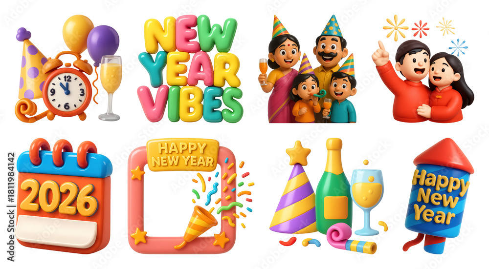 Fototapeta premium PNG Festive New Year celebration graphics, element set on transparent background