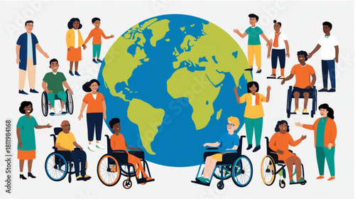 A colorful and modern vector illustration promoting global diversity and inclusion. A large Earth globe serves as the central background. Surrounding and interacting with the globe is a highly diverse