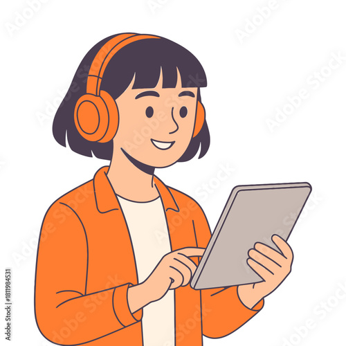 Flat vector illustration of a young person wearing headphones and holding a tablet with a white background, animation style