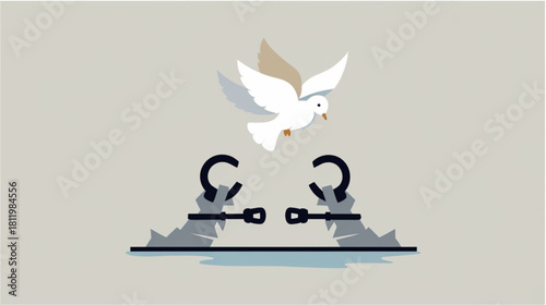A powerful symbolic illustration showing a white dove in flight descending towards or rising above a pair of broken, open handcuffs emerging from jagged, rocky ground. The dove represents peace 