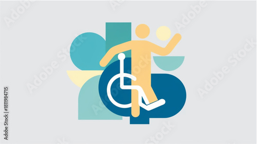 A modern, stylized graphic featuring the international Wheelchair Symbol of Access (a person in a wheelchair). The figure is rendered in solid blue and is centered against a background of abstract, 