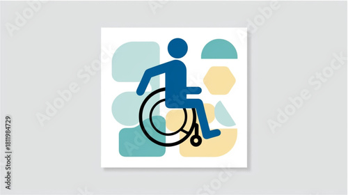 A modern, stylized graphic featuring the international Wheelchair Symbol of Access (a person in a wheelchair). The figure is rendered in solid blue and is centered against a background of abstract, 