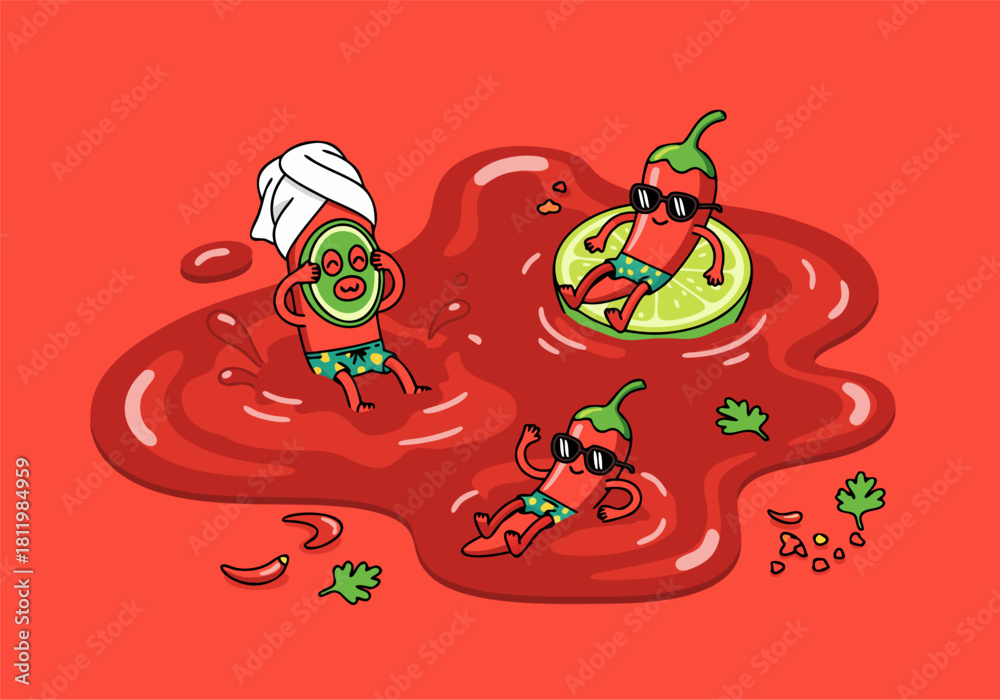 Naklejka premium Funny chili pepper spa illustration