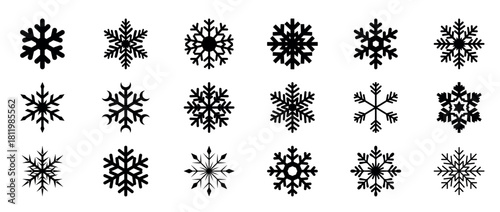 Set of Black Snowflake Icons on Transparent Background for Winter and Holiday Designs