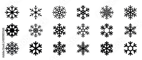 Set of Black Snowflake Icons on Transparent Background for Winter and Holiday Designs