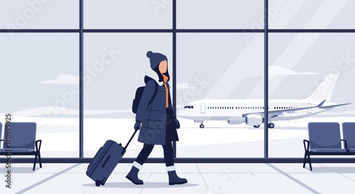 Modern vector traveler in winter coat pulling luggage through snowy airport terminal. Ideal for travel blogs, flight ads, winter tourism guides, and seasonal transport illustrations