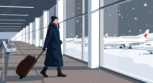 Modern vector traveler in winter coat pulling luggage through snowy airport terminal. Ideal for travel blogs, flight ads, winter tourism guides, and seasonal transport illustrations
