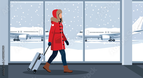 Modern vector traveler in winter coat pulling luggage through snowy airport terminal. Ideal for travel blogs, flight ads, winter tourism guides, and seasonal transport illustrations