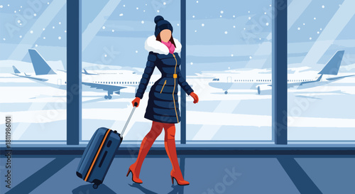 Modern vector traveler in winter coat pulling luggage through snowy airport terminal. Ideal for travel blogs, flight ads, winter tourism guides, and seasonal transport illustrations