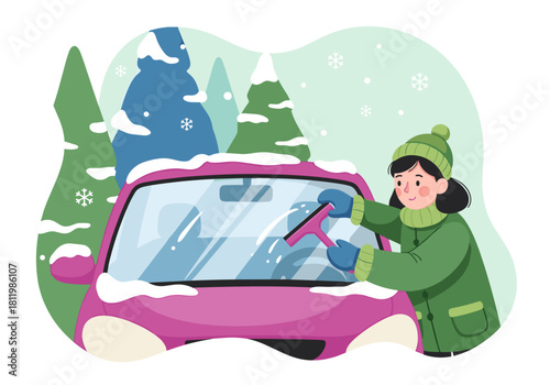 Car windshield scraping by a woman in winter scene