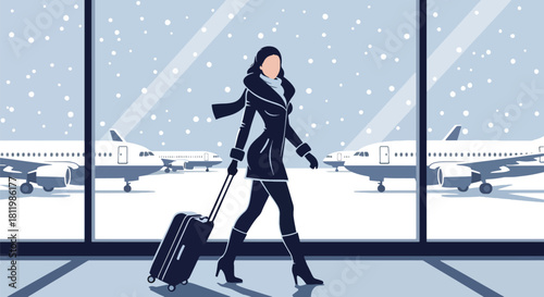 Modern vector traveler in winter coat pulling luggage through snowy airport terminal. Ideal for travel blogs, flight ads, winter tourism guides, and seasonal transport illustrations