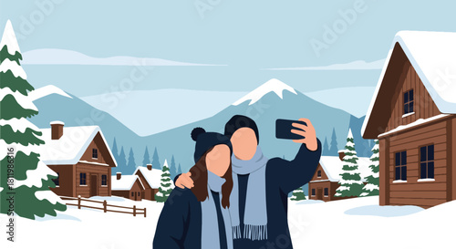 Couple taking winter vacation photos in snowy village with pine trees and cabins. Ideal for holiday travel promos, winter getaway campaigns, and tourism illustrations