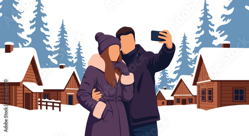 Couple taking winter vacation photos in snowy village with pine trees and cabins. Ideal for holiday travel promos, winter getaway campaigns, and tourism illustrations