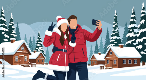 Couple taking winter vacation photos in snowy village with pine trees and cabins. Ideal for holiday travel promos, winter getaway campaigns, and tourism illustrations