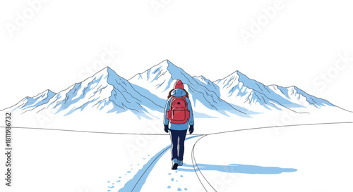Solo backpacker hiking snowy mountain trail with bold scenery and crisp winter air. Ideal for adventure blogs, trekking guides, winter travel ads, and outdoor content
