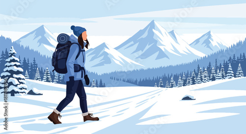 Solo backpacker hiking snowy mountain trail with bold scenery and crisp winter air. Ideal for adventure blogs, trekking guides, winter travel ads, and outdoor content