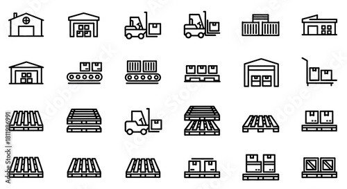 A collection of black and white line art icons for warehouse, logistics, and shipping, including forklifts, pallets, and storage buildings.