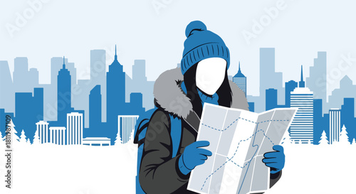 Tourist in warm coat checking map in snowy winter city with tall buildings. Ideal for city tourism visuals, travel guides, winter campaigns, and seasonal lifestyle designs