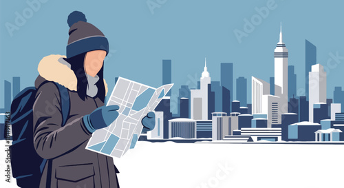 Tourist in warm coat checking map in snowy winter city with tall buildings. Ideal for city tourism visuals, travel guides, winter campaigns, and seasonal lifestyle designs