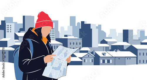 Tourist in warm coat checking map in snowy winter city with tall buildings. Ideal for city tourism visuals, travel guides, winter campaigns, and seasonal lifestyle designs
