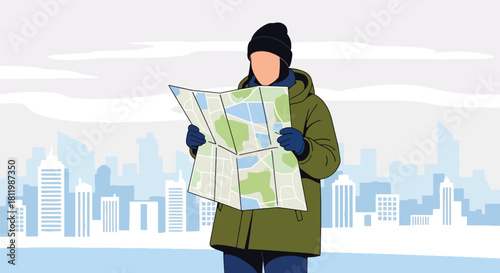 Tourist in warm coat checking map in snowy winter city with tall buildings. Ideal for city tourism visuals, travel guides, winter campaigns, and seasonal lifestyle designs