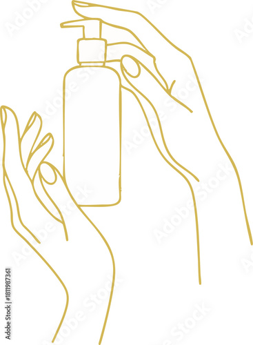 Golden Glitter Line Art Hands Holding Skincare Pump Bottle