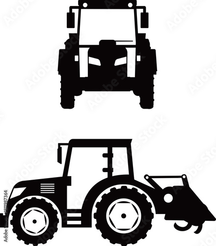 正面、横から見たトラクター（農業機械）の白黒シルエット