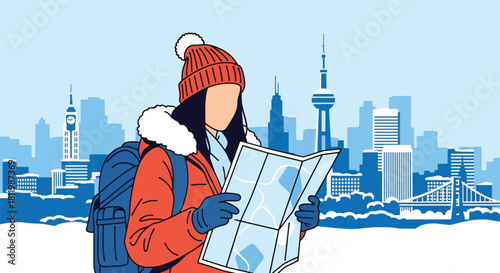 Tourist in warm coat checking map in snowy winter city with tall buildings. Ideal for city tourism visuals, travel guides, winter campaigns, and seasonal lifestyle designs