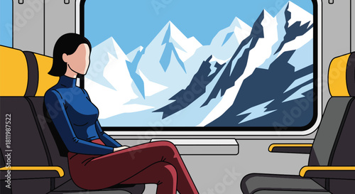 Traveler enjoying winter mountain views from train window with frosty landscape. Ideal for railway promotions, scenic travel ads, and winter tourism illustration sets