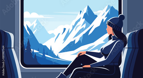 Traveler enjoying winter mountain views from train window with frosty landscape. Ideal for railway promotions, scenic travel ads, and winter tourism illustration sets