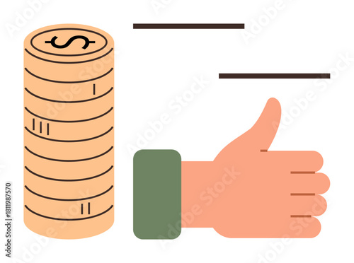 Stacked coins with a dollar sign next to a thumbs-up hand gesture. Ideal for finance, success, investment, savings, profitability, income, and positive approval concepts. Simple flat metaphor