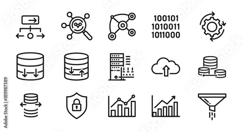 A collection of black line art icons representing data analysis, database management, and cloud computing technology.