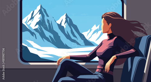 Traveler enjoying winter mountain views from train window with frosty landscape. Ideal for railway promotions, scenic travel ads, and winter tourism illustration sets