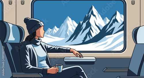 Traveler enjoying winter mountain views from train window with frosty landscape. Ideal for railway promotions, scenic travel ads, and winter tourism illustration sets
