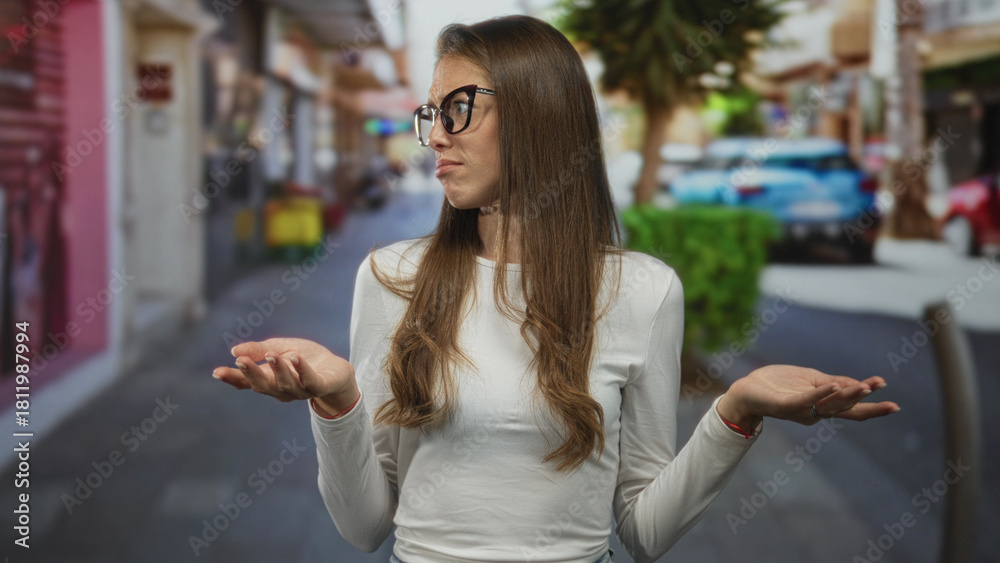 Fototapeta premium Woman points thumbs to chest on a crowded city street wearing glasses and white top and long hair, expressive face and open mouth questioning gesture; confusion doubt.
