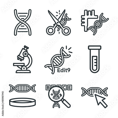 A collection of black outline icons for genetics, gene editing, and biotechnology research.