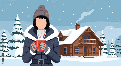 Traveler drinking warm cocoa at cozy winter lodge surrounded by snow. Ideal for holiday travel campaigns, cabin retreats, winter lifestyle posts, and tourism ads