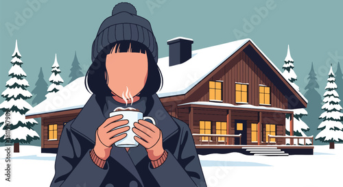 Traveler drinking warm cocoa at cozy winter lodge surrounded by snow. Ideal for holiday travel campaigns, cabin retreats, winter lifestyle posts, and tourism ads