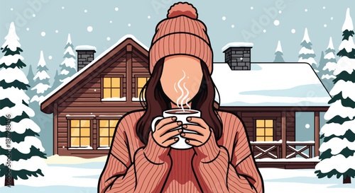 Traveler drinking warm cocoa at cozy winter lodge surrounded by snow. Ideal for holiday travel campaigns, cabin retreats, winter lifestyle posts, and tourism ads
