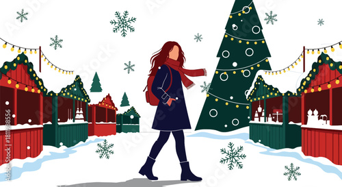Tourist walking through winter Christmas market with festive stalls and snow. Ideal for holiday travel promotions, market themes, and seasonal tourism graphics