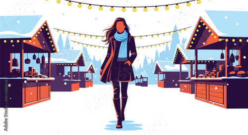 Tourist walking through winter Christmas market with festive stalls and snow. Ideal for holiday travel promotions, market themes, and seasonal tourism graphics